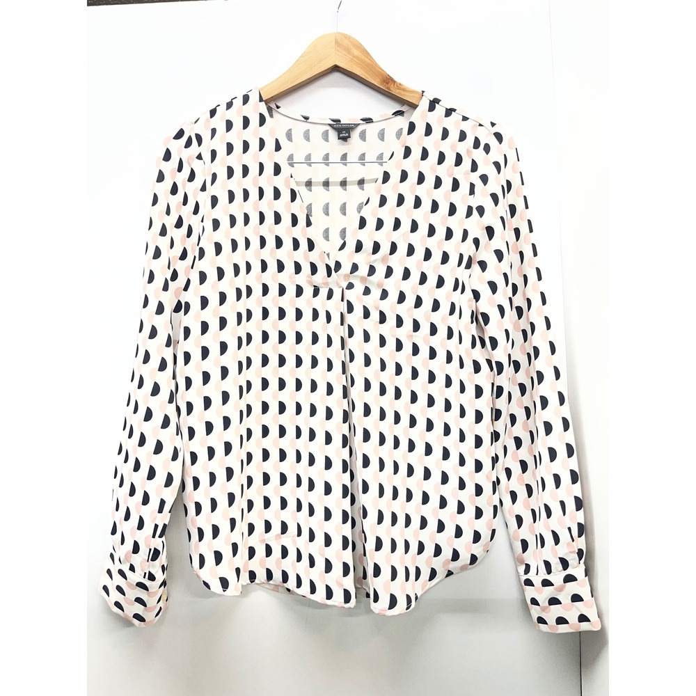 Ann Taylor Womens XS Pink Black Geometric Half Moon Print V-Neck Blouse Top